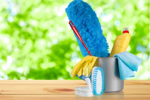 Move out cleaning supplies and checklist on a kitchen counter