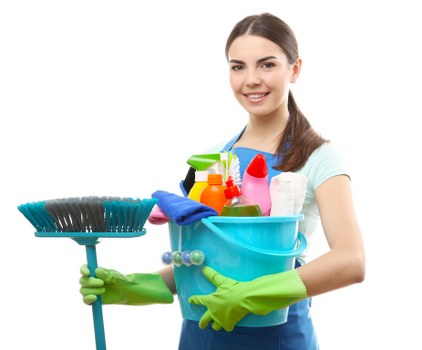 Bathroom deep cleaning with scrubbing and sanitizing tools